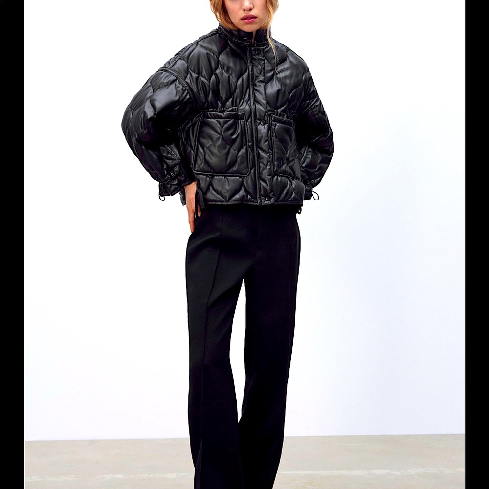 New Zara Faux Leather padded jacket. Large.  Water repellent. Adjustable sleeves